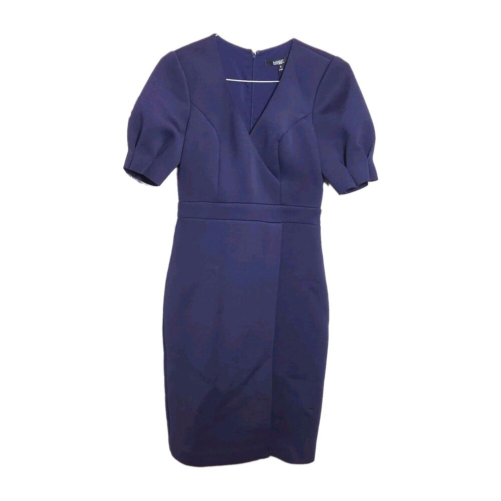 Badgley Mischka Dark Sapphire V-Neck Puff Sleeve Cocktail Sheath Dress Sz 4 NWT